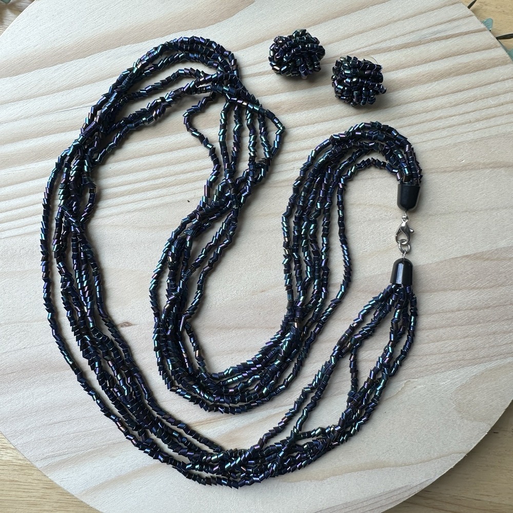 VTG Boho Necklace 30 Inch w Earrings Set Blue Iridescent Multi Strand Glass Bead